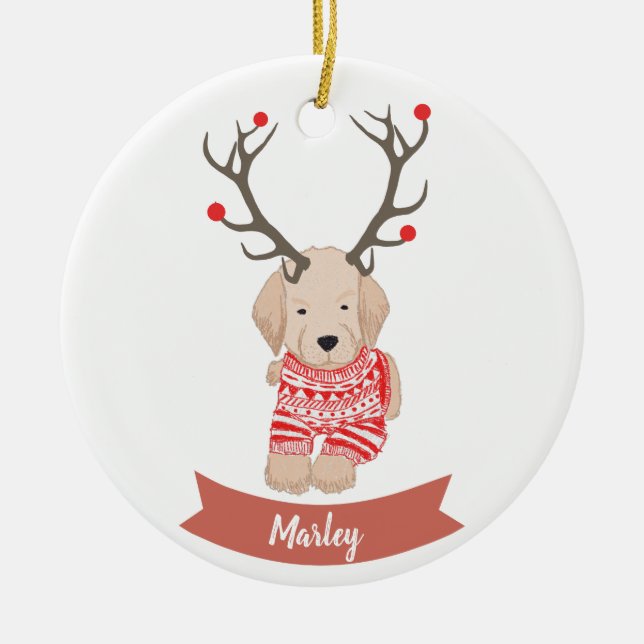 Golden Retriever Puppy Deer Antler Personalized Ceramic Ornament (Front)