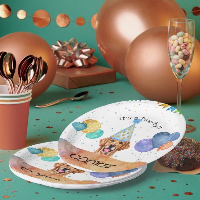 Golden Retriever Puppy Dog Birthday Pawty Paper Plates (Multi)