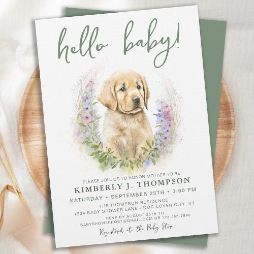 Golden Retriever Puppy Dog Modern Sage Baby Shower Invitation