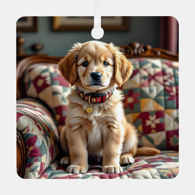 Golden Retriever Puppy Dog Personalized Christmas Metal Ornament (Front)