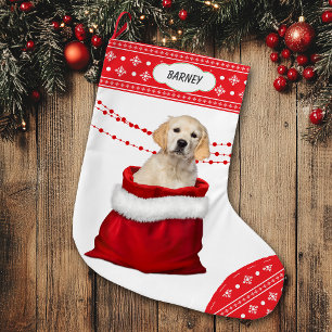 Golden Retriever Puppy Dog Snowflake Border Large Christmas Stocking