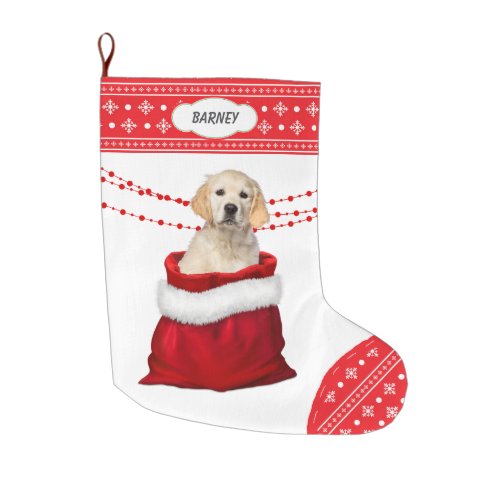 Golden Retriever Puppy Dog Snowflake Border Large Christmas Stocking