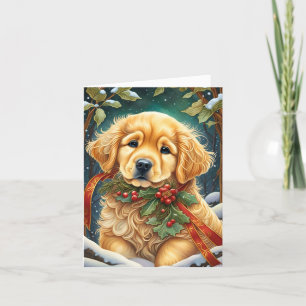 Golden Retriever Puppy Festive Holly Holiday Card