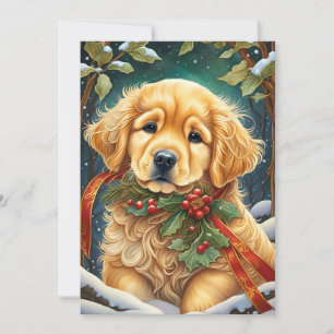 Golden Retriever Puppy Festive Holly Holiday Card