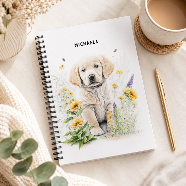 Golden Retriever Puppy Floral Monogram Name Notebook (Add name to customize, matching items available)