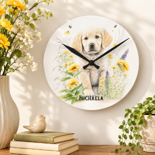 Golden Retriever Puppy Floral Personalized Name Round Clock