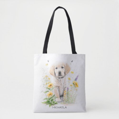 Golden Retriever Puppy Florals Monogram Name Tote Bag