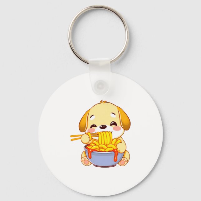 Golden Retriever puppy happily slurping Rabokki! Keychain (Front)