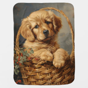 Golden Retriever Puppy in a Basket Baby Blanket