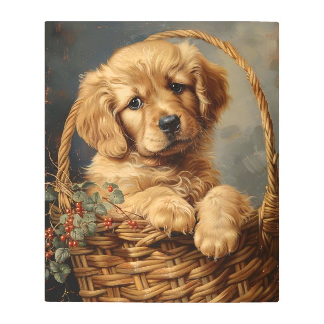 Golden Retriever Puppy in a Basket Metal Print (Front)