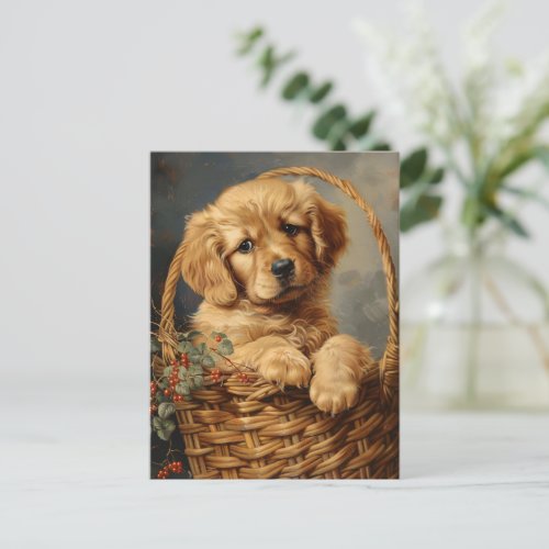 Golden Retriever Puppy in a Basket Postcard