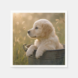Golden Retriever Puppy in a Metal Bucket Napkins
