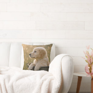 Golden Retriever Puppy in a Metal Bucket Throw Pillow
