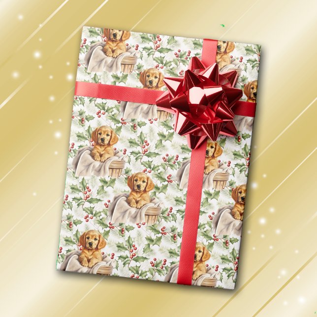 Golden Retriever Puppy in Basket Christmas Holly  Wrapping Paper (Creator Uploaded)