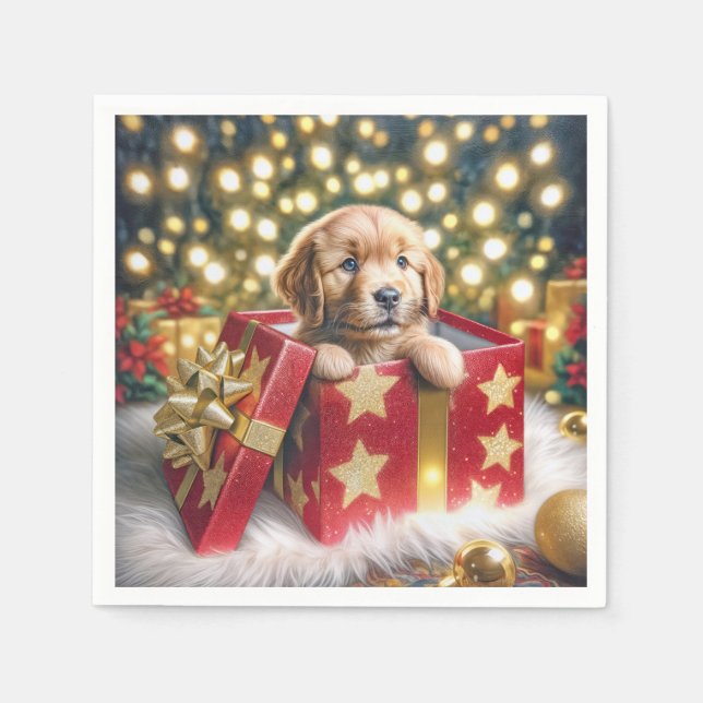 Golden Retriever Puppy in Christmas Box Napkins (Front)