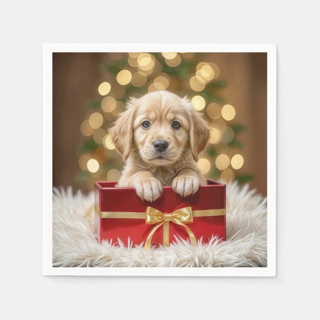 Golden Retriever Puppy in Christmas Box Napkins (Front)