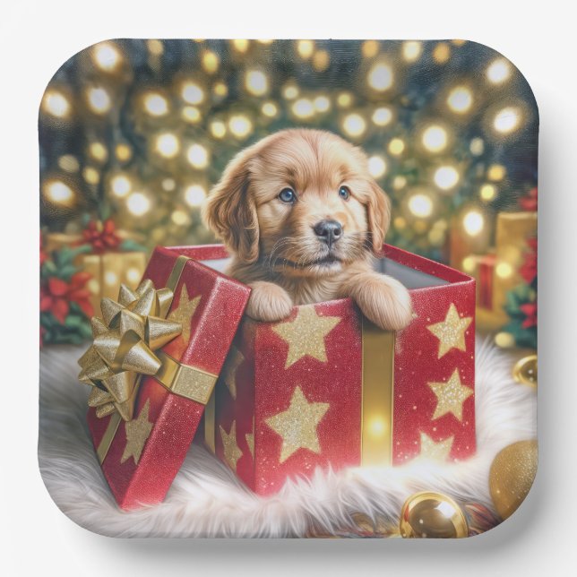 Golden Retriever Puppy in Christmas Box Paper Plates (Front)