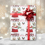 Golden Retriever Puppy in Christmas Gift Bag Wrapping Paper<br><div class="desc">The repeated pattern on this cute Christmas wrapping paper is an image of an adorable Golden Retriever puppy peeking out from a red and white Holiday gift bag. Behind him is a sprig of holly and red berries. A red and black bullfinch bird is about to land. Stylized red and...</div>