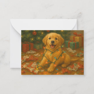 Golden Retriever Puppy in Christmas Lights Card