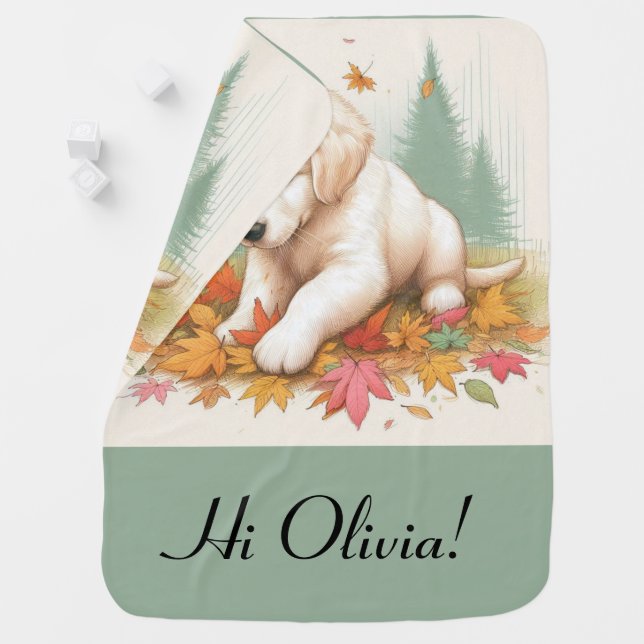Golden Retriever Puppy in Leaves Baby Blanket (In Situ)