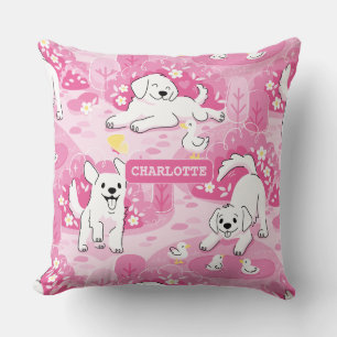 Golden Retriever Puppy in Pink Garden Throw Pillow