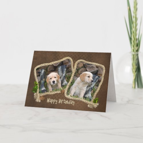 golden retriever puppy in rope frame birthday card