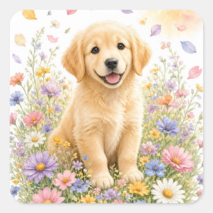 Golden Retriever Puppy in Wildflowers Square Sticker