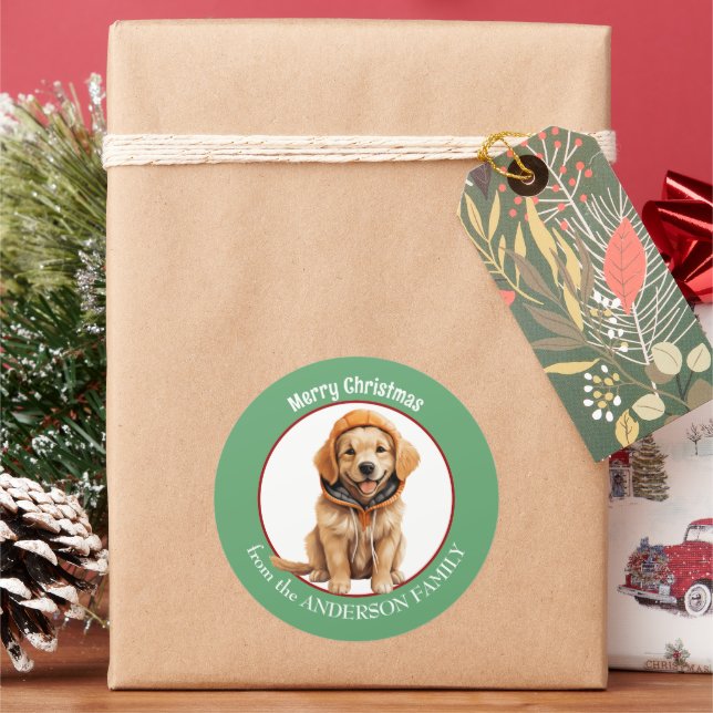 Golden Retriever Puppy in Winter Hat Christmas Classic Round Sticker (Holiday)