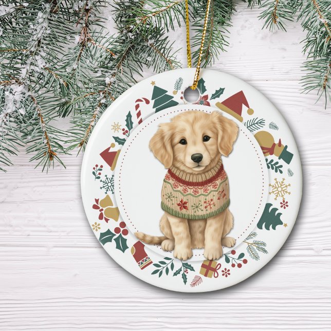 Golden Retriever Puppy in Winter Sweater Christmas Ceramic Ornament (Creator Uploaded)
