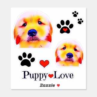 Golden Retriever Puppy Love and Pawprints Group Sticker