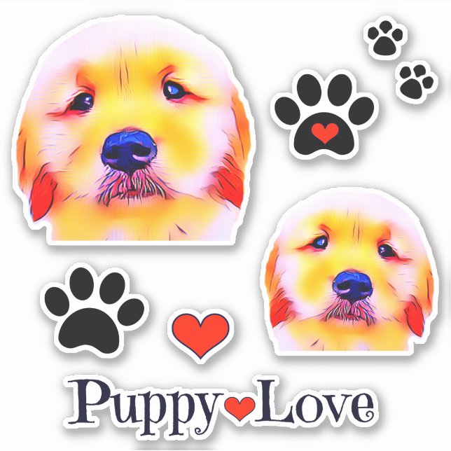 Golden Retriever Puppy Love and Pawprints Group Sticker (Front)