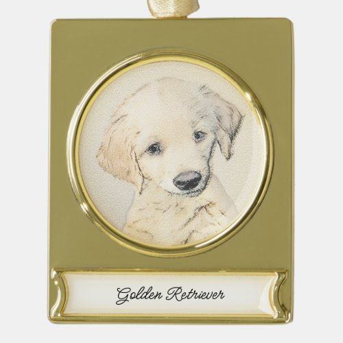 Golden Retriever Puppy Painting _ Original Dog Art Gold Plated Banner Ornament