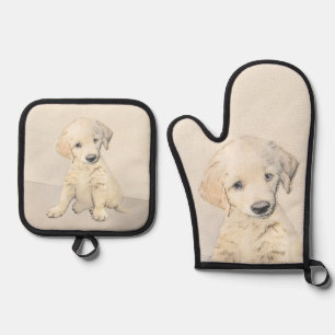 Golden Retriever Puppy Painting Original Dog Art Oven Mitt & Pot Holder Set