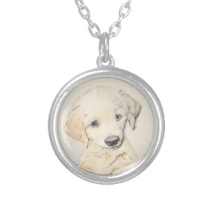 Golden Retriever Puppy Painting - Original Dog Art Silver Plated Necklace