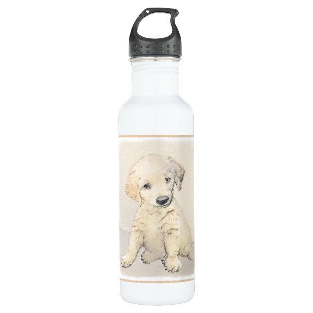 Golden Retriever Puppy Painting - Original Dog Art Stainless Steel Water Bottle (Front)