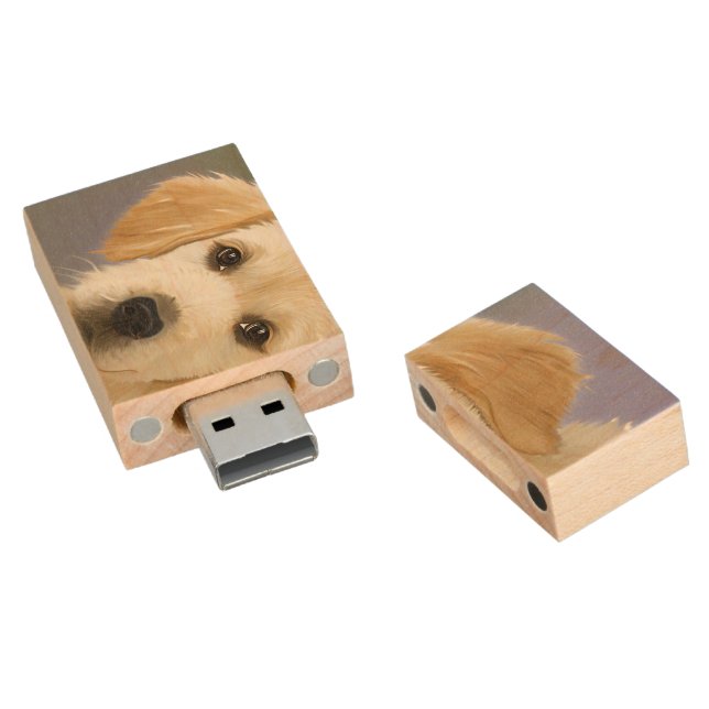 Golden Retriever Puppy Painting Wood USB Flash Drive (Angled)