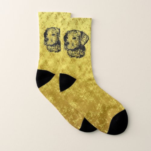 Golden retriever puppy portrait in black and gold socks