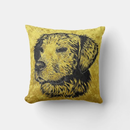 Golden retriever puppy portrait in black and gold throw pillow