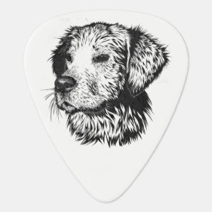 Golden retriever puppy portrait in black and white guitar pick