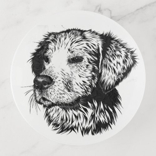 Golden retriever puppy portrait in black and white trinket tray