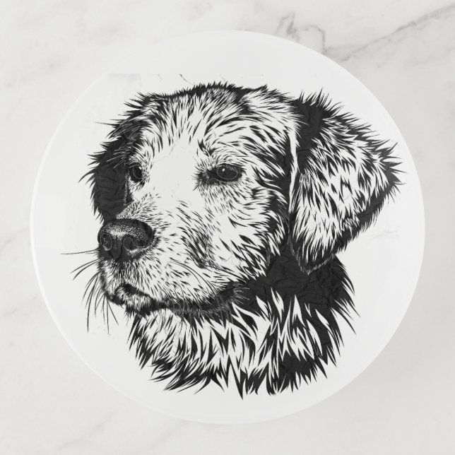Golden retriever puppy portrait in black and white trinket tray (Front)