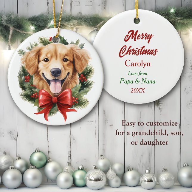 Golden Retriever Puppy Red Bow Wreath Christmas Ceramic Ornament (Creator Uploaded)