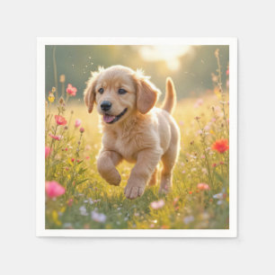 Golden Retriever Puppy Running In a Meadow Napkins