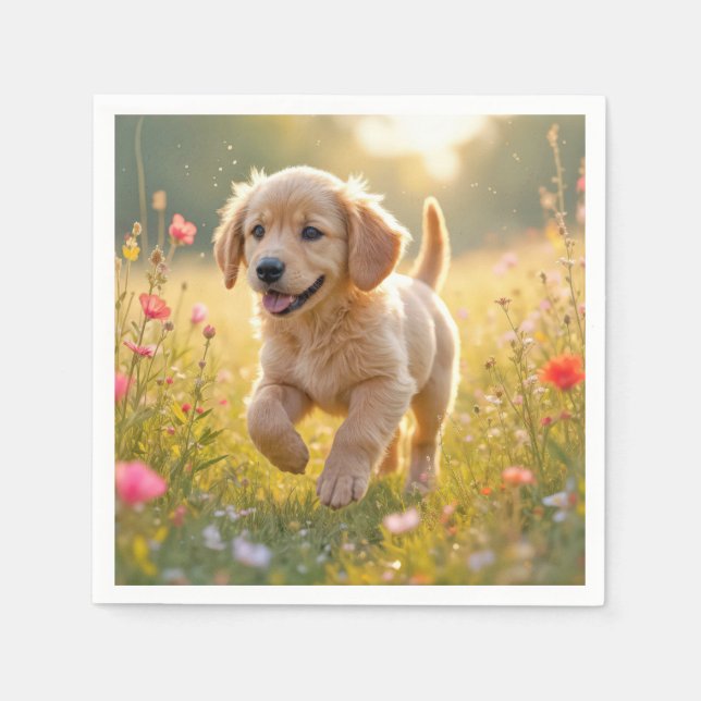 Golden Retriever Puppy Running In a Meadow Napkins (Front)