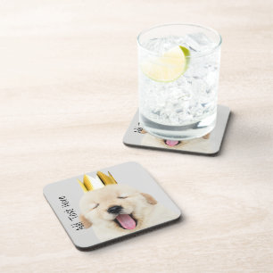 Golden Retriever Puppy Sleepy in Gold Crown Beverage Coaster