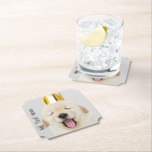 Golden Retriever Puppy Sleepy in Gold Crown Paper Coaster