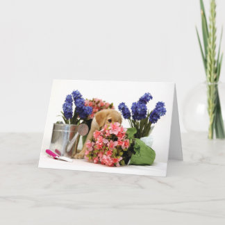 Golden Retriever Puppy Smelling the Flowers Card