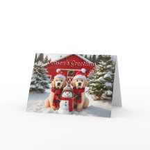 Golden Retriever Puppy Snowman Christmas Card