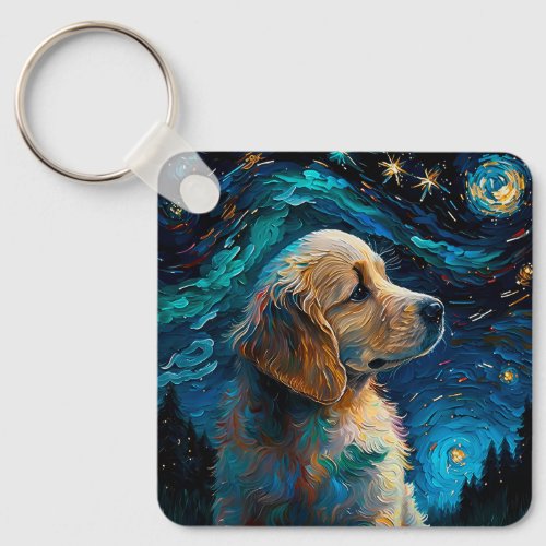 Golden Retriever Puppy Starry Night Van Gogh Style Keychain