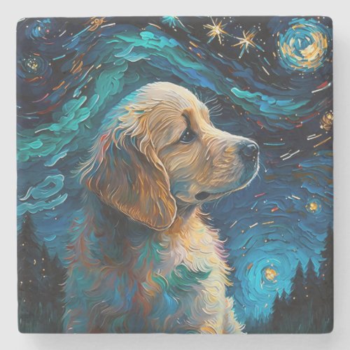 Golden Retriever Puppy Starry Night Van Gogh Style Stone Coaster